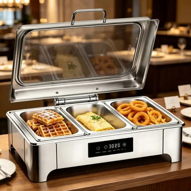 Juego de calientaplatos para catering al por mayor, calentador eléctrico de comida rectangular, bajo y con ventana de visualización