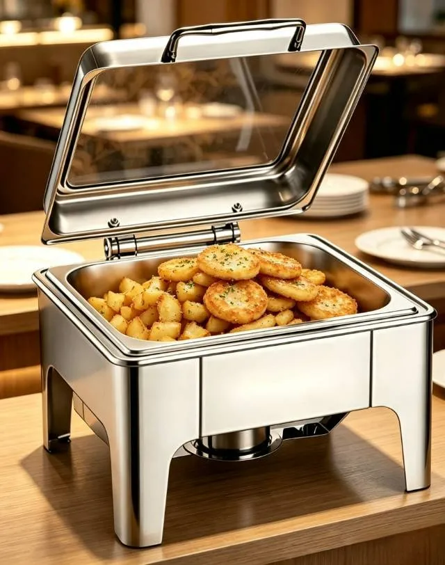 Calentador de comida para bufé con tapa enrollable al por mayor, cuadrado, de acero inoxidable 201, con interior visible3