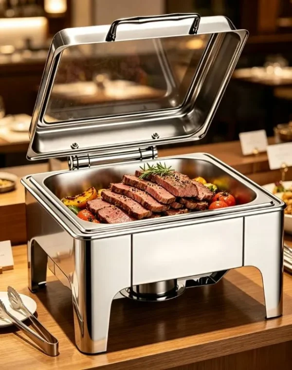 Calentador de comida para bufé con tapa enrollable al por mayor, cuadrado, de acero inoxidable 201, con interior visible 4